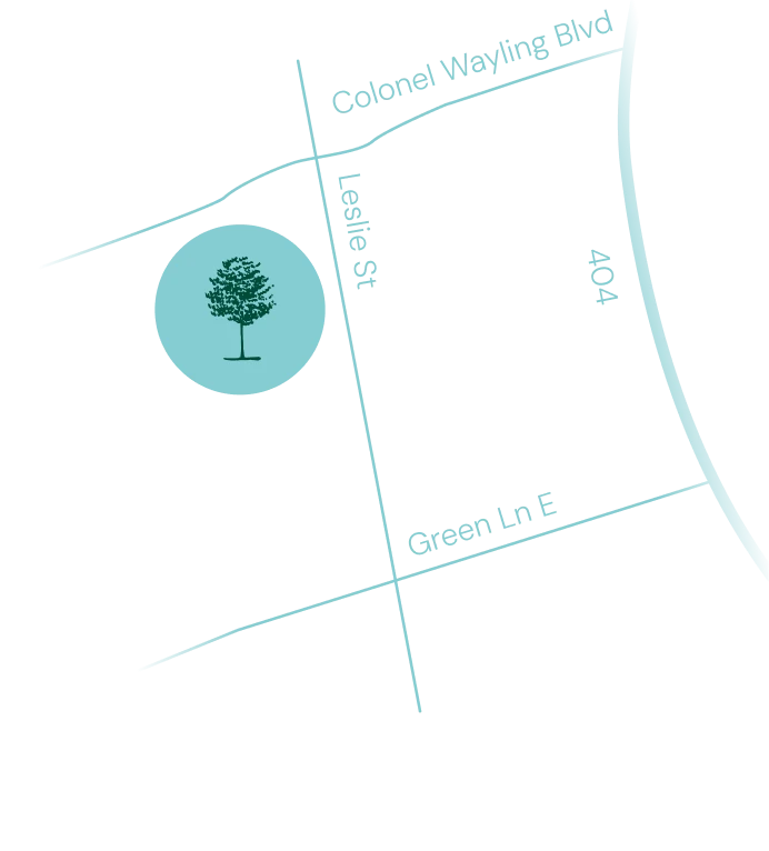 Map showing Walnut Creek on Green Lane in Sharon, East Gwillimbury, near the GO station and Highway 404